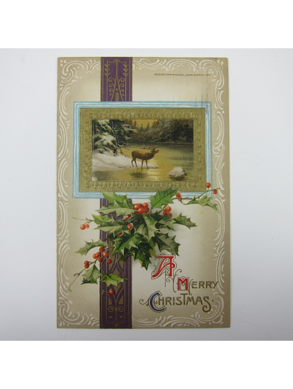 Christmas Postcard Deer Buck Snowy River Holly Gold Embossed Winsch Antique 1912